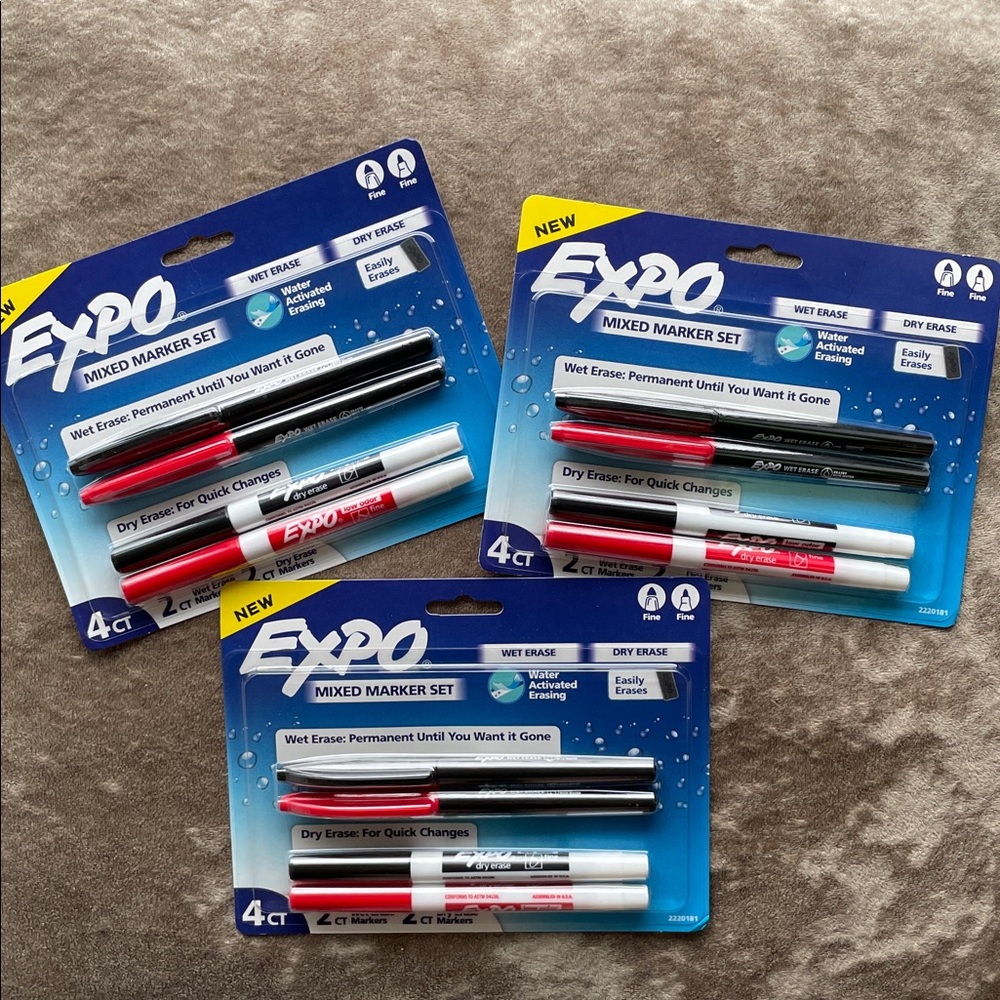 3 Sets •EXPO• Wet/Dry Erase Mixed Marker Set >> 4 markers red/black NWT NIP